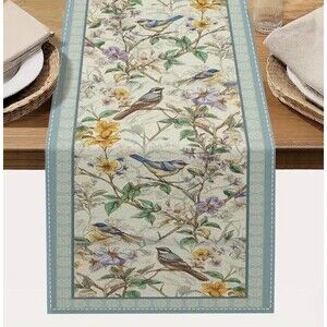 Table Runner 13x72in Woven Polyester Floral Branches Blue Birds